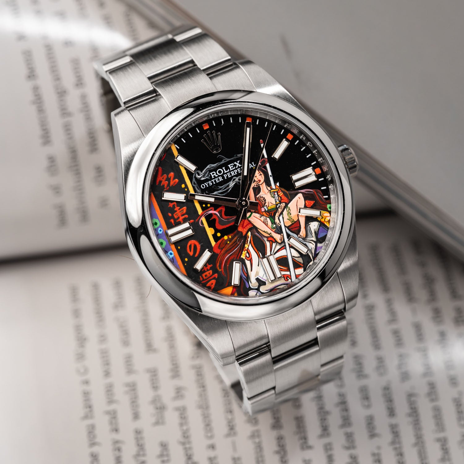 Crimson Lotus Concept — Hand-painted bespoke timepiece featuring a fierce kitsune fox spirit in flowing crimson fabric with Japanese kanji reading Crimson Lotus Dream on a custom 41mm stainless steel automatic by IFL Watches