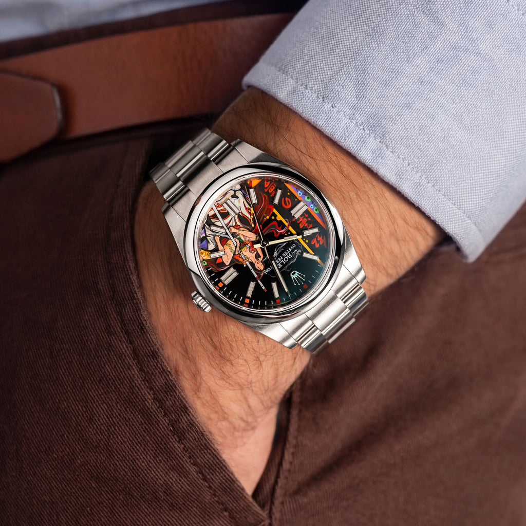 Crimson Lotus Concept — Hand-painted bespoke timepiece featuring a fierce kitsune fox spirit in flowing crimson fabric with Japanese kanji reading Crimson Lotus Dream on a custom 41mm stainless steel automatic by IFL Watches