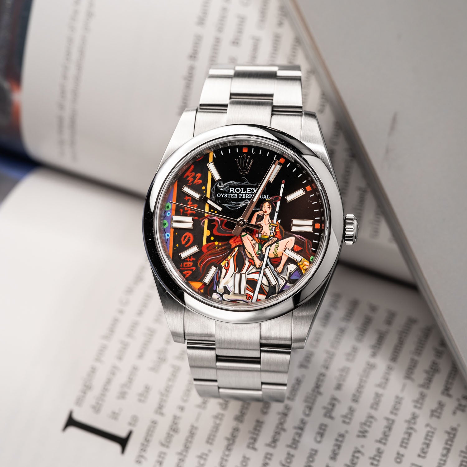 Crimson Lotus Concept — Hand-painted bespoke timepiece featuring a fierce kitsune fox spirit in flowing crimson fabric with Japanese kanji reading Crimson Lotus Dream on a custom 41mm stainless steel automatic by IFL Watches