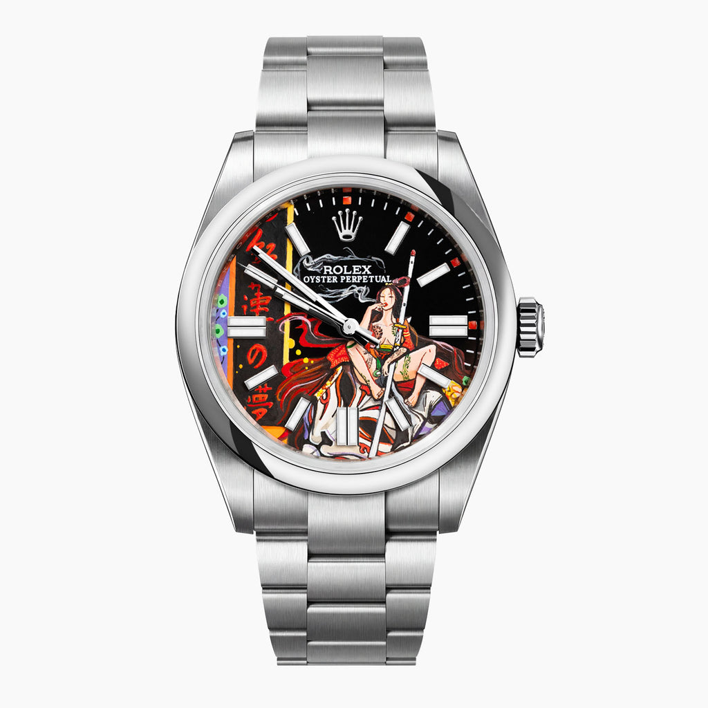 Crimson Lotus Concept — Hand-painted bespoke timepiece featuring a fierce kitsune fox spirit in flowing crimson fabric with Japanese kanji reading Crimson Lotus Dream on a custom 41mm stainless steel automatic by IFL Watches