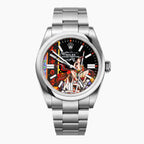 Crimson Lotus Concept — Hand-painted bespoke timepiece featuring a fierce kitsune fox spirit in flowing crimson fabric with Japanese kanji reading Crimson Lotus Dream on a custom 41mm stainless steel automatic by IFL Watches