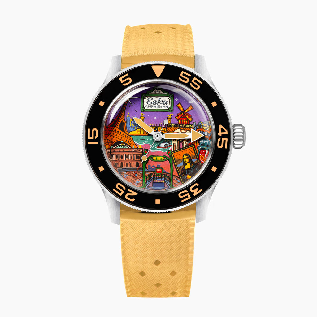ESKA Amphibian Cœur de Paris — Front view on a sand-colored Tropic rubber strap, the hand-painted Parisian cityscape across the dial of a 40mm steel diver, customized limited edition by IFL Watches.