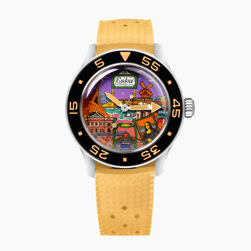 ESKA Amphibian Cœur de Paris — Front view on a sand-colored Tropic rubber strap, the hand-painted Parisian cityscape across the dial of a 40mm steel diver, customized limited edition by IFL Watches.