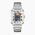 Festina Freedom 36 mm on wrist — hand-painted street-art dial featuring colorful “FREEDOM” graffiti lettering, stencil figures, and orange brick-wall artwork on a rectangular stainless-steel case. Limited edition by IFL Watches.