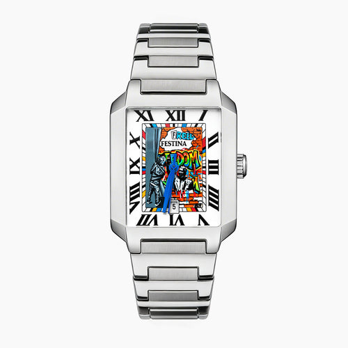 Festina Freedom 36 mm on wrist — hand-painted street-art dial featuring colorful “FREEDOM” graffiti lettering, stencil figures, and orange brick-wall artwork on a rectangular stainless-steel case. Limited edition by IFL Watches.