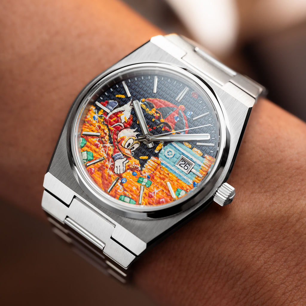 A Dive in Dime Concept – Hand-painted custom Tissot PRX Powermatic featuring treasure vault diving artwork, a bespoke timepiece by IFL Watches