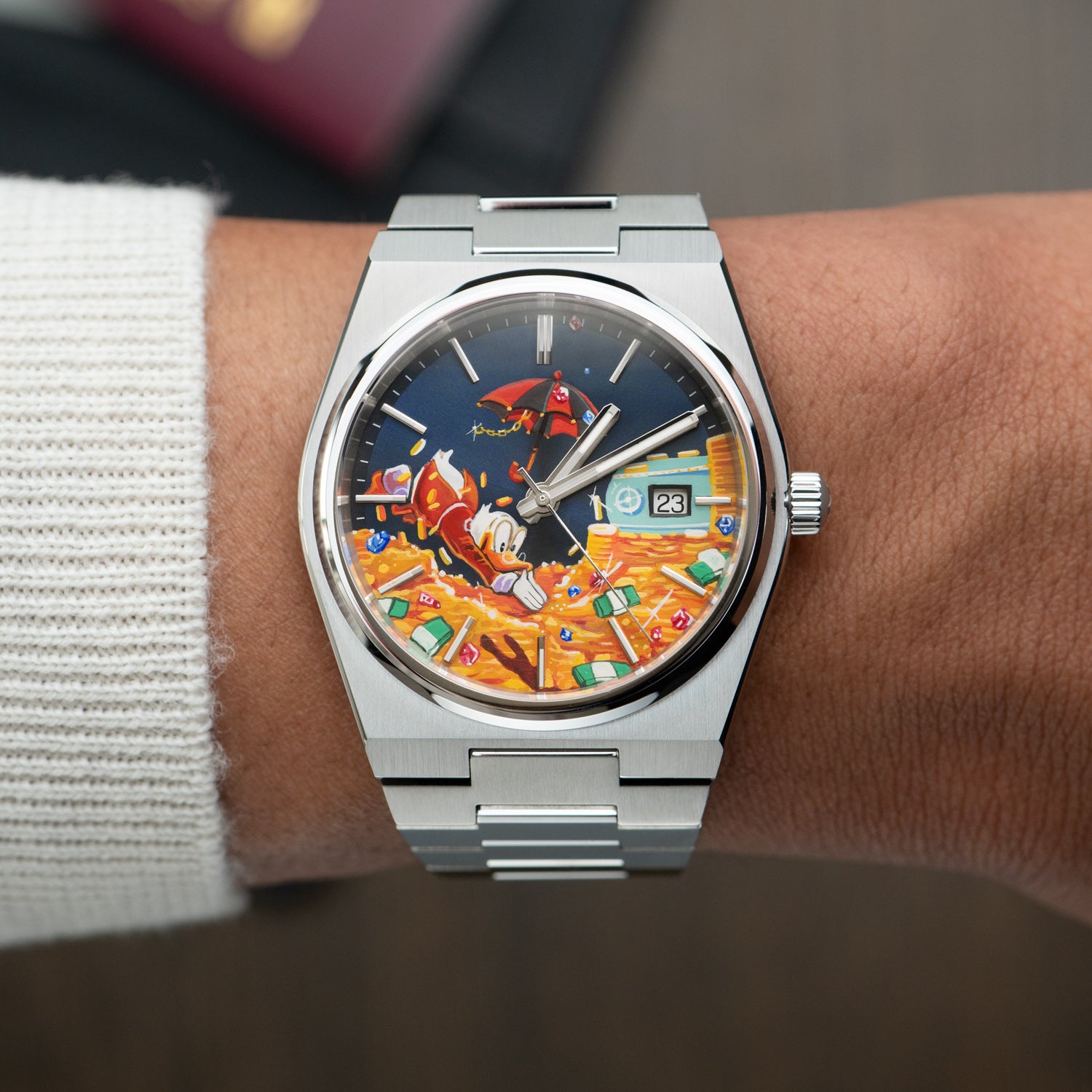 A Dive in Dime Concept – Hand-painted custom Tissot PRX featuring treasure vault diving artwork, a bespoke timepiece by IFL Watches