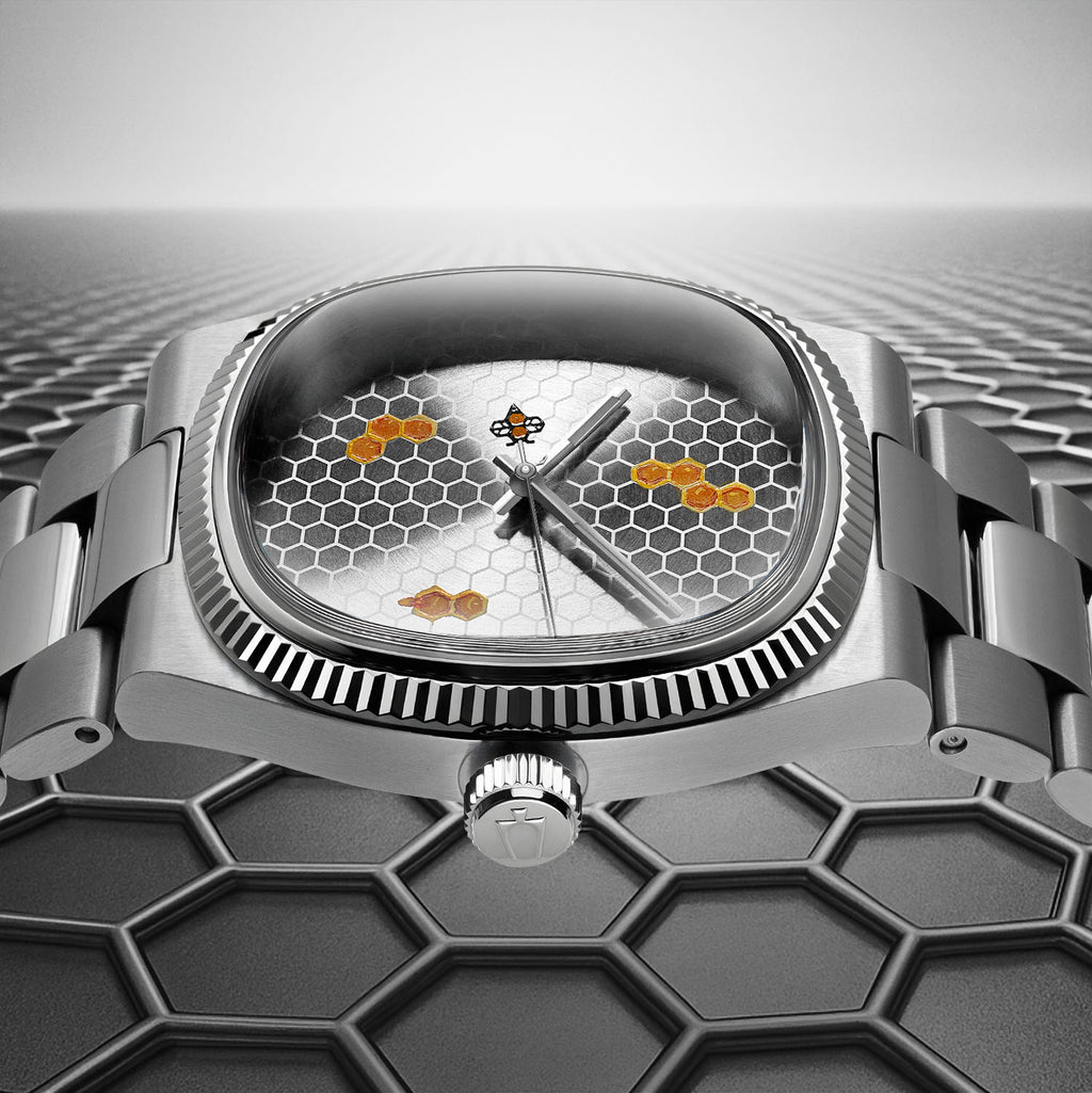 Bulova Super Seville Honeycomb – Hand-painted custom Bulova featuring honeycomb texture and bee seconds hand, a limited edition timepiece by IFL Watches