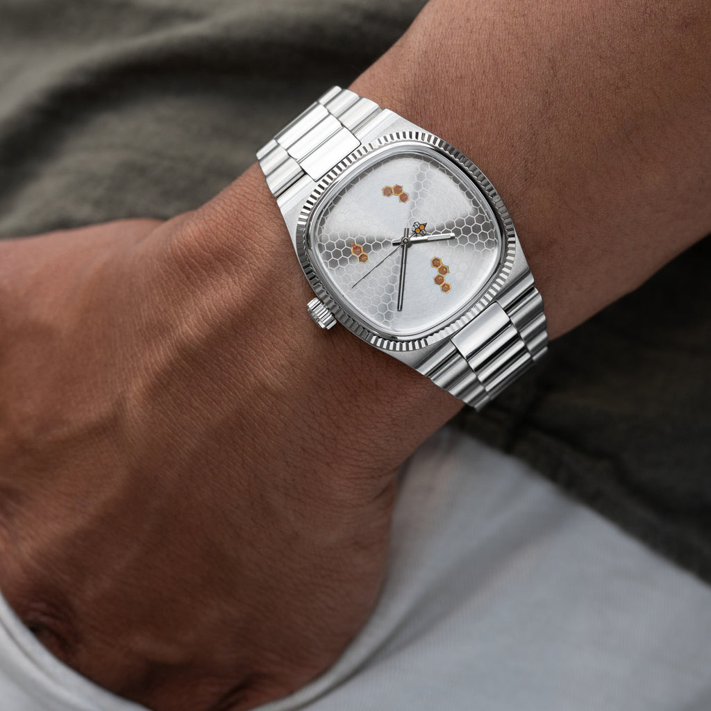 Bulova Super Seville Honeycomb – Hand-painted custom Bulova featuring honeycomb texture and bee seconds hand, a limited edition timepiece by IFL Watches