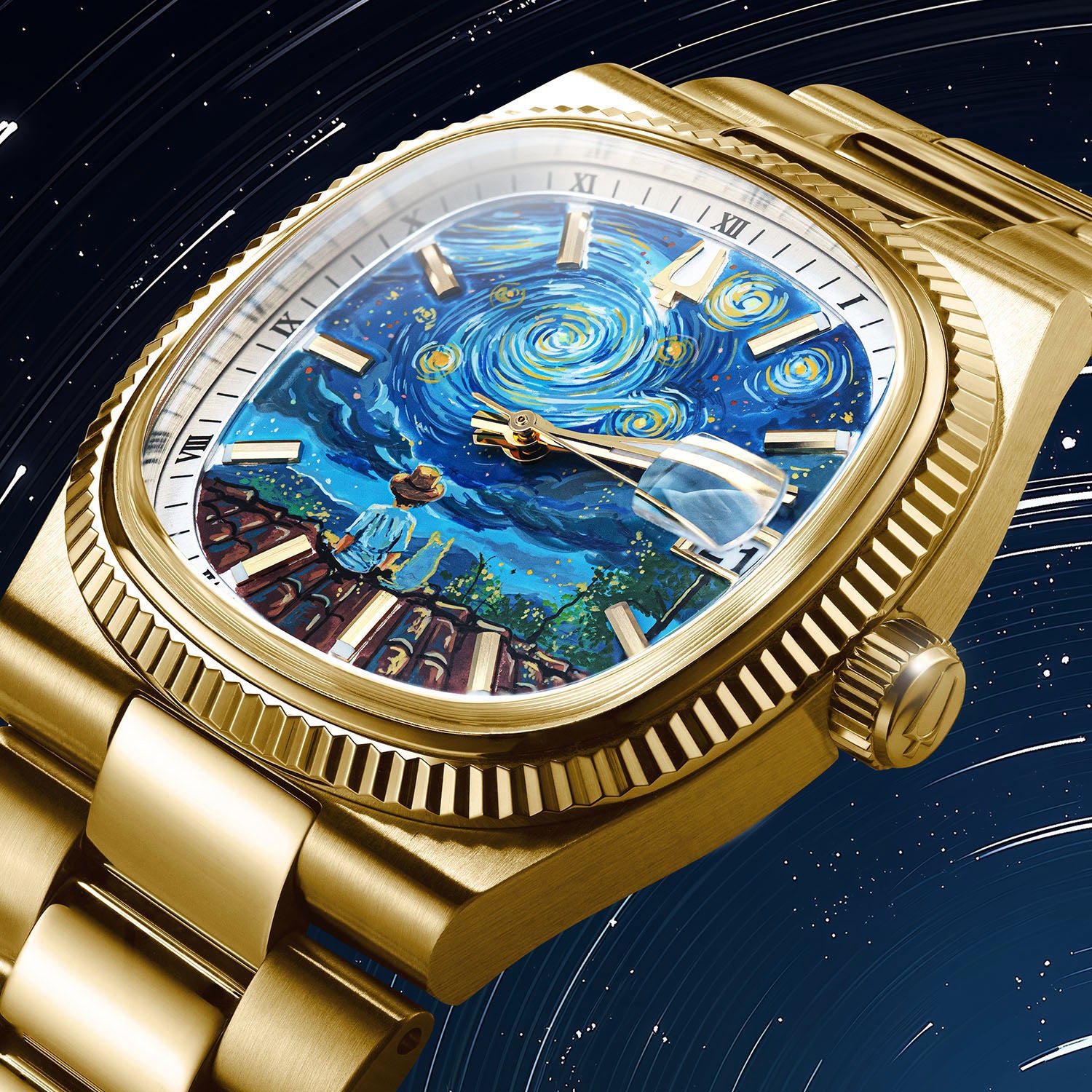 Bulova Super Seville Starry Night – Hand-painted custom Van Gogh inspired dial with rooftop scene on gold-tone 38mm case – Limited Edition bespoke timepiece by IFL Watches
