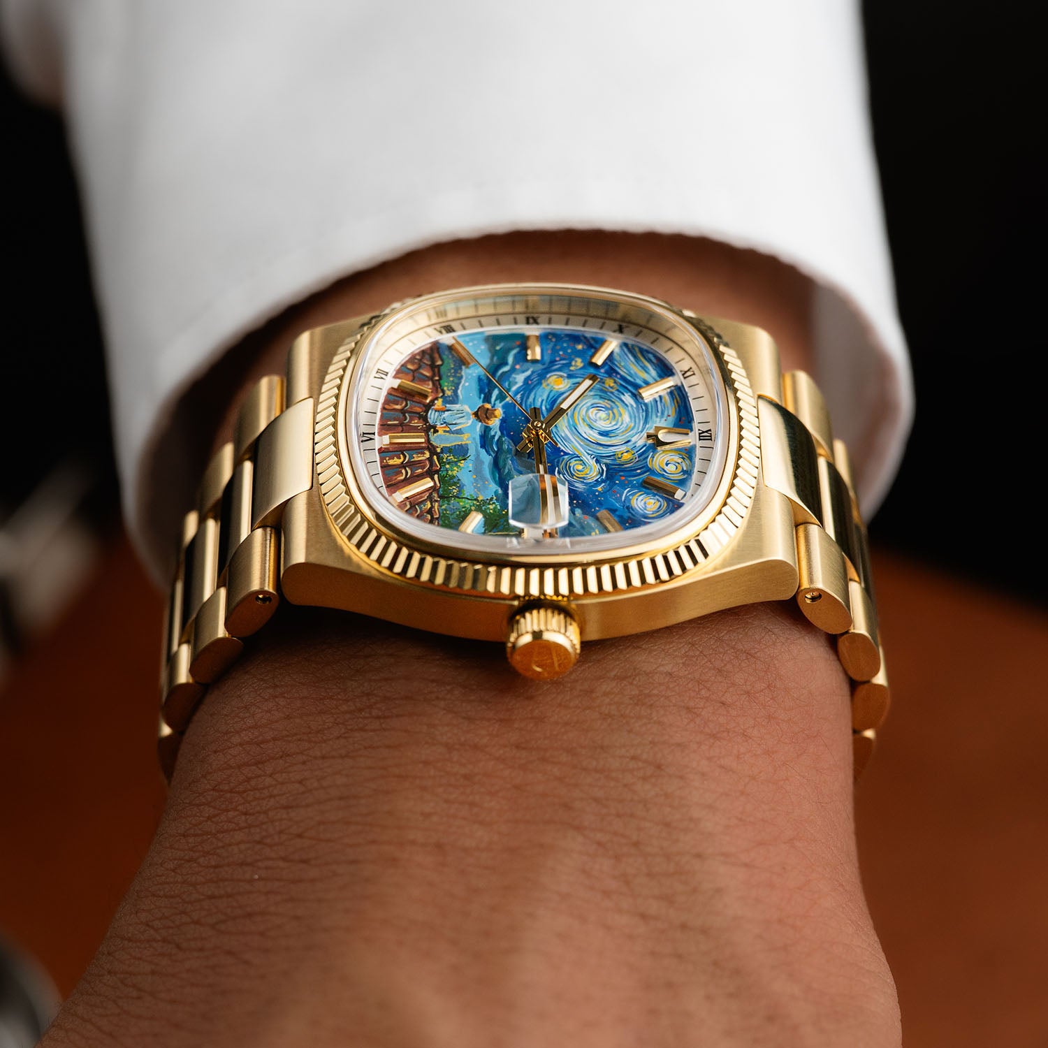 Bulova Super Seville Starry Night – Hand-painted custom Van Gogh inspired dial with rooftop scene on gold-tone 38mm case – Limited Edition bespoke timepiece by IFL Watches
