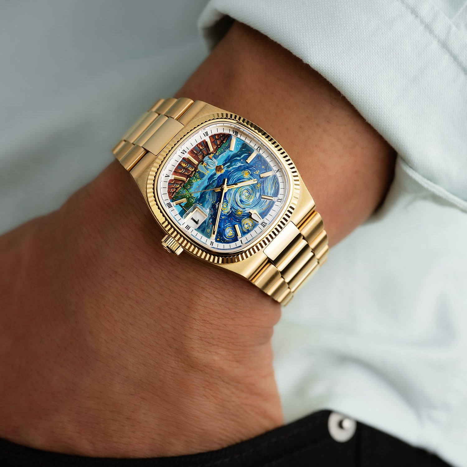 Bulova Super Seville Starry Night – Hand-painted custom Van Gogh inspired dial with rooftop scene on gold-tone 38mm case – Limited Edition bespoke timepiece by IFL Watches