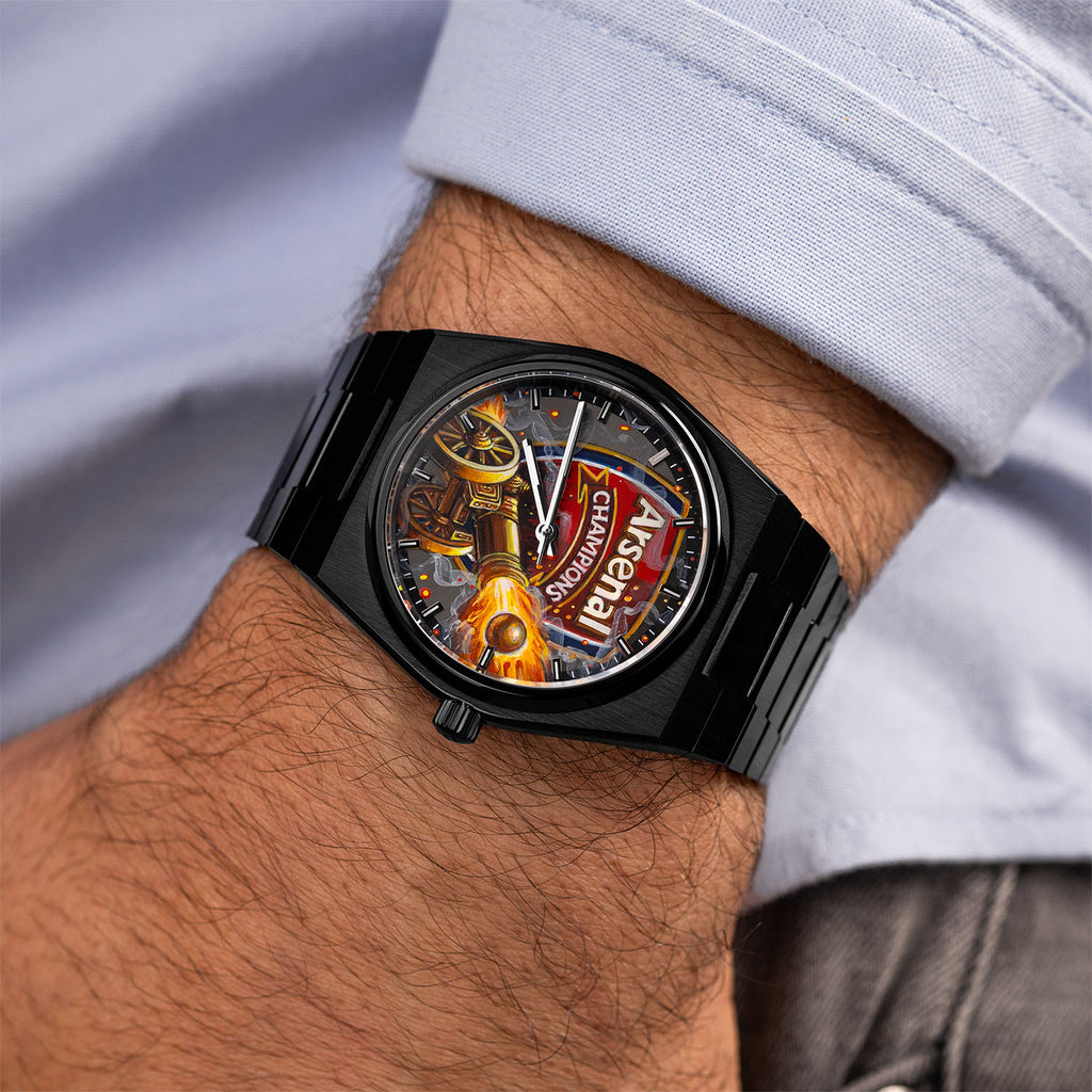 IFL Canvax Gunners — Hand-painted cannon and flame artwork rendered in relief on a matte black automatic, customized by IFL Watches.