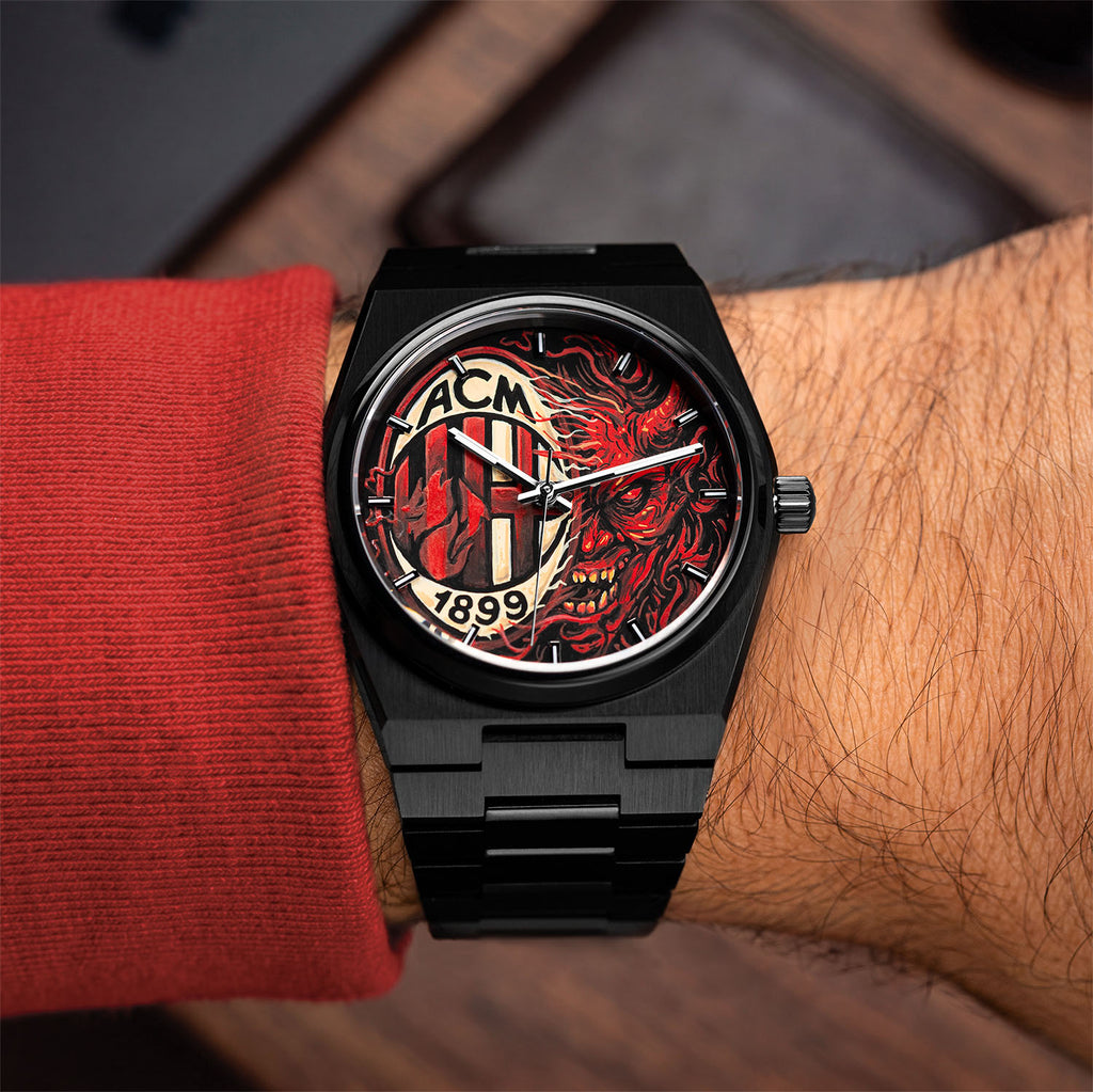 IFL Canvax Rossoneri — Close view of the hand-painted dial, a devil rising through flame, a custom timepiece by IFL Watches.