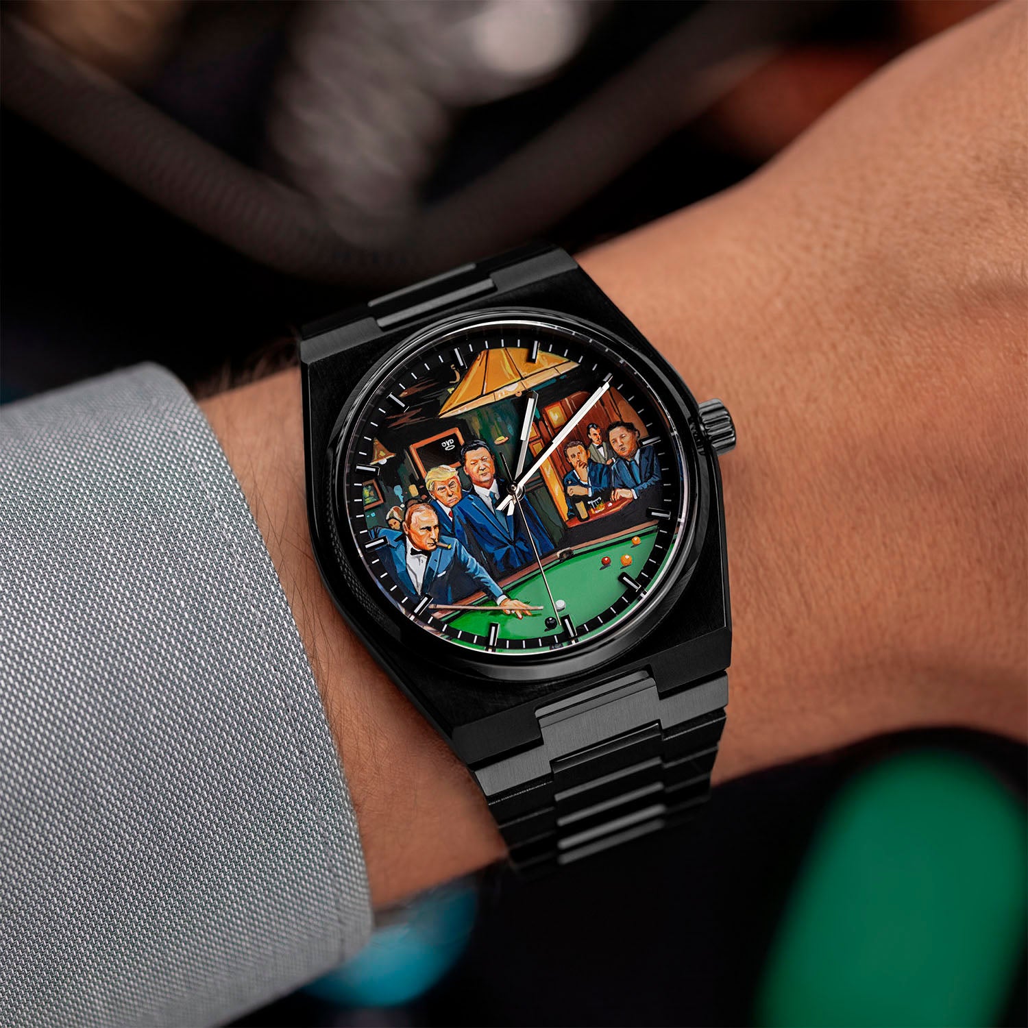 IFL Canvax Off the Record — Hand-painted custom Canvax featuring the world's most recognizable figures around a green billiard table in a warmly lit lounge, on a 40mm black matte automatic, a bespoke timepiece by IFL Watches.