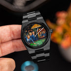 IFL Canvax Off the Record — Hand-painted custom Canvax featuring the world's most recognizable figures around a green billiard table in a warmly lit lounge, on a 40mm black matte automatic, a bespoke timepiece by IFL Watches.
