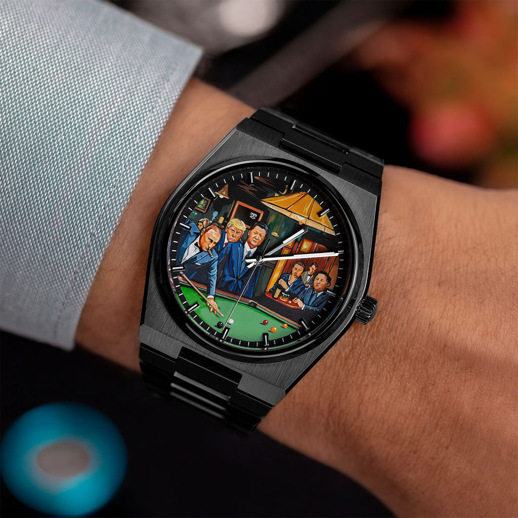 IFL Canvax Off the Record — Hand-painted custom Canvax featuring the world's most recognizable figures around a green billiard table in a warmly lit lounge, on a 40mm black matte automatic, a bespoke timepiece by IFL Watches.