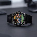 IFL Canvax Off the Record — Hand-painted custom Canvax featuring the world's most recognizable figures around a green billiard table in a warmly lit lounge, on a 40mm black matte automatic, a bespoke timepiece by IFL Watches.