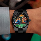IFL Canvax Off the Record — Hand-painted custom Canvax featuring the world's most recognizable figures around a green billiard table in a warmly lit lounge, on a 40mm black matte automatic, a bespoke timepiece by IFL Watches.