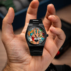 IFL Watches Canvax UAE Unity — Hand-painted custom Canvax featuring the UAE three-finger salute with golden falcon, Arabian oryx, desert camel, and Dubai skyline on a 40mm black matte automatic, a bespoke timepiece by IFL Watches.