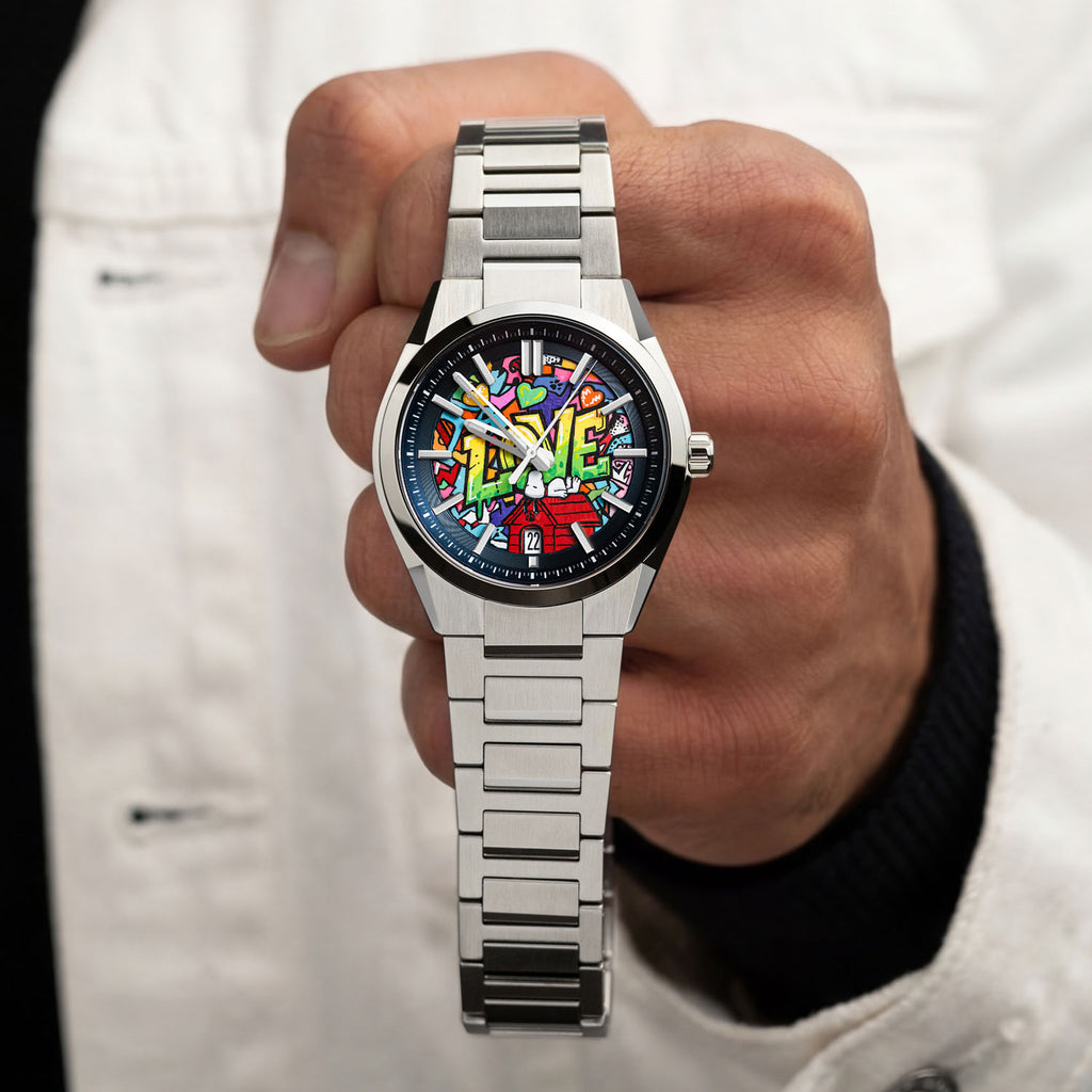  Casio Edifice Urban Dreams — Hand-painted custom Casio Edifice featuring the world's most famous beagle dreaming on his red doghouse surrounded by bold graffiti LOVE lettering and colorful street art on a 39mm automatic, a bespoke timepiece by IFL Watches