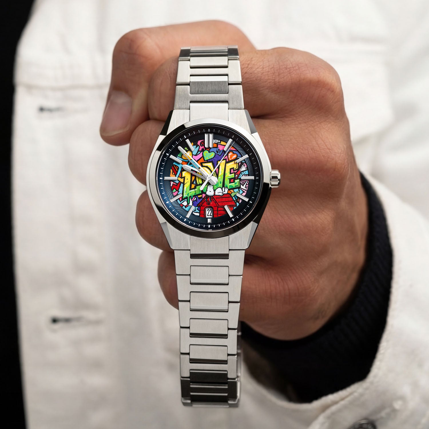  Casio Edifice Urban Dreams — Hand-painted custom Casio Edifice featuring the world's most famous beagle dreaming on his red doghouse surrounded by bold graffiti LOVE lettering and colorful street art on a 39mm automatic, a bespoke timepiece by IFL Watches