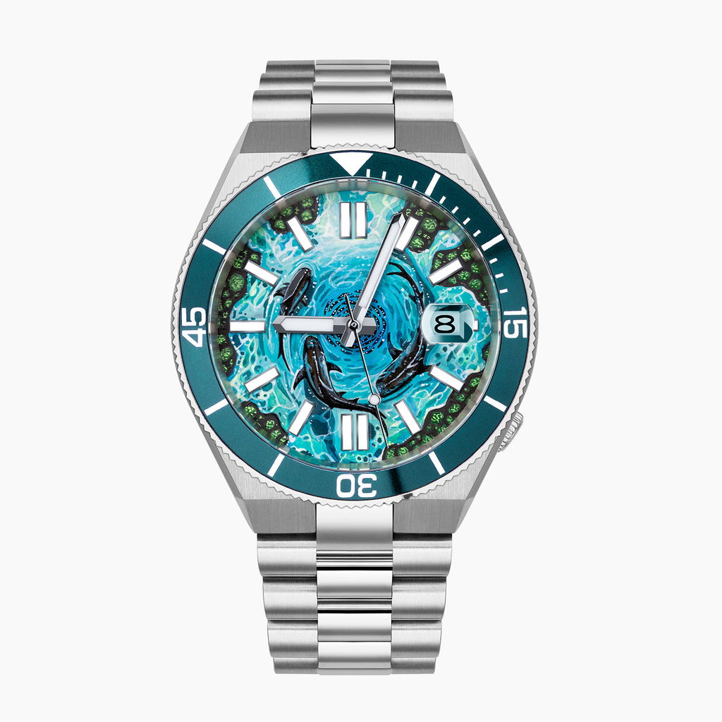 Citizen Tsuyosa Shore Mako — hand-painted underwater scene of a school of fish ringed by three circling sharks on a 40mm stainless steel case with integrated bracelet, limited edition timepiece by IFL Watches.
