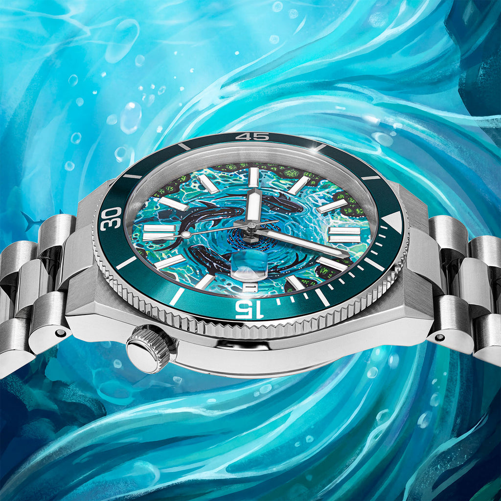 Citizen Tsuyosa Shore Mako — side profile of the 40mm stainless steel case, crown and rotating bezel against a painted-water backdrop, limited edition timepiece by IFL Watches.