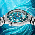 Citizen Tsuyosa Shore Mako — side profile of the 40mm stainless steel case, crown and rotating bezel against a painted-water backdrop, limited edition timepiece by IFL Watches.