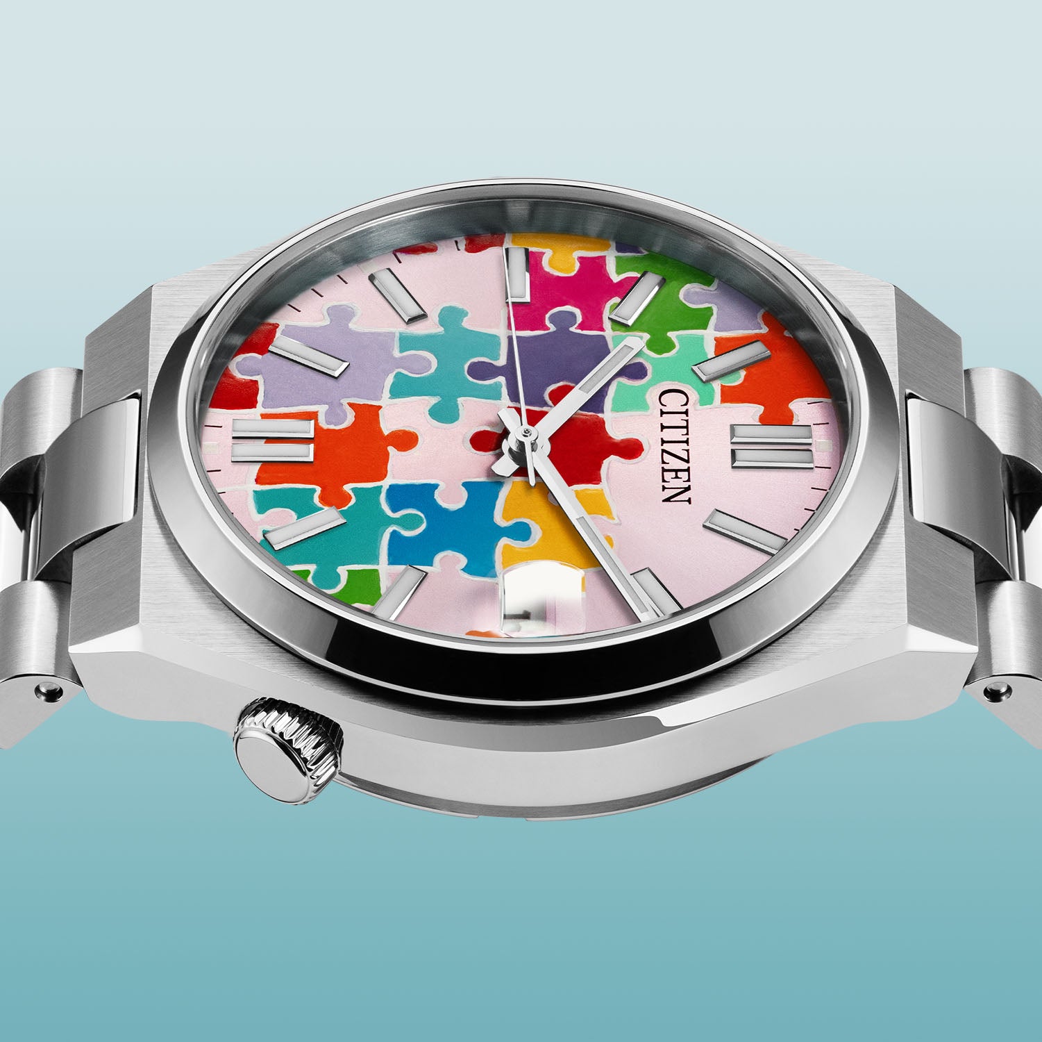 Citizen Tsuyosa 37 Puzzle – Hand-painted custom pastel pink dial with colorful puzzle artwork, limited edition timepiece by IFL Watches