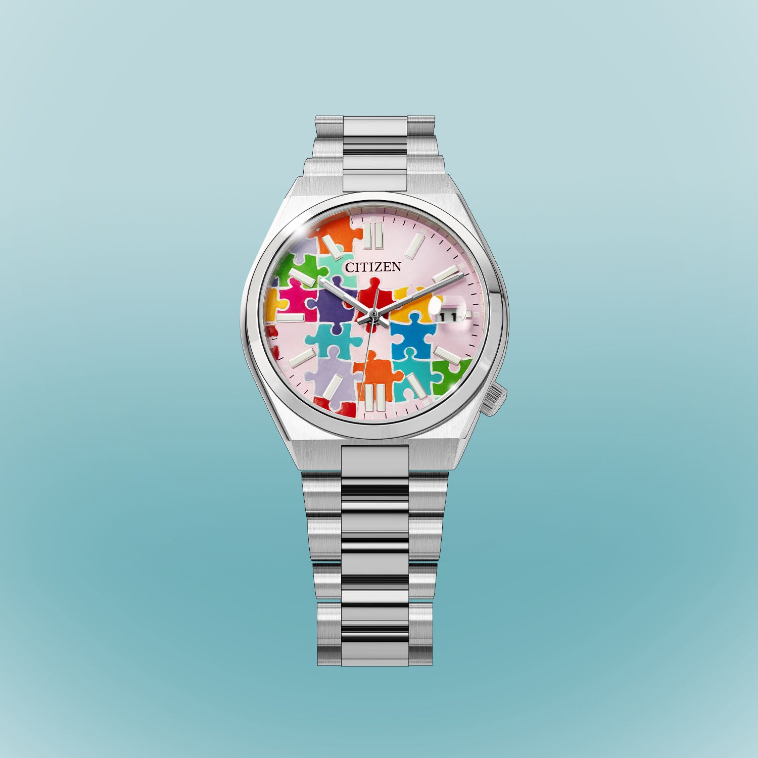 Citizen Tsuyosa 37 Puzzle – Hand-painted custom pastel pink dial with colorful puzzle artwork, limited edition timepiece by IFL Watches