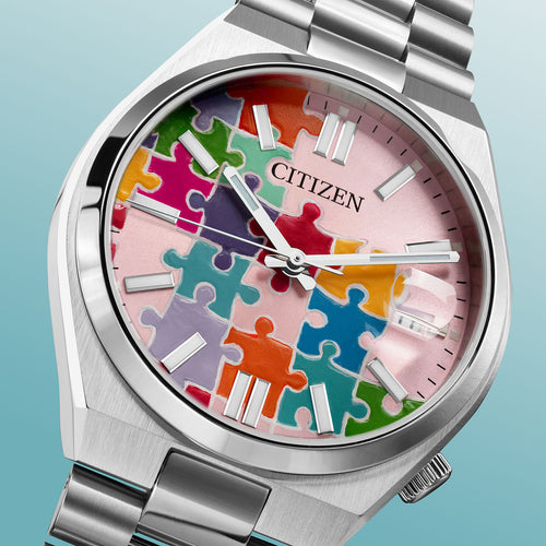 Citizen Tsuyosa 37 Puzzle – Hand-painted custom pastel pink dial with colorful puzzle artwork, limited edition timepiece by IFL Watches