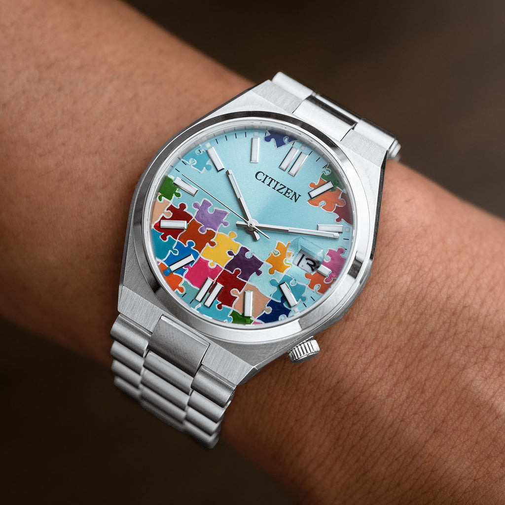 Citizen Tsuyosa 40 Puzzle – Hand-painted custom turquoise blue dial with colorful puzzle artwork, limited edition timepiece by IFL Watches