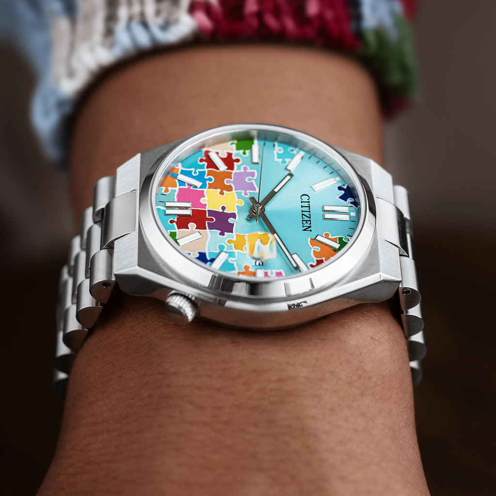 Citizen Tsuyosa 40 Puzzle – Hand-painted custom turquoise blue dial with colorful puzzle artwork, limited edition timepiece by IFL Watches
