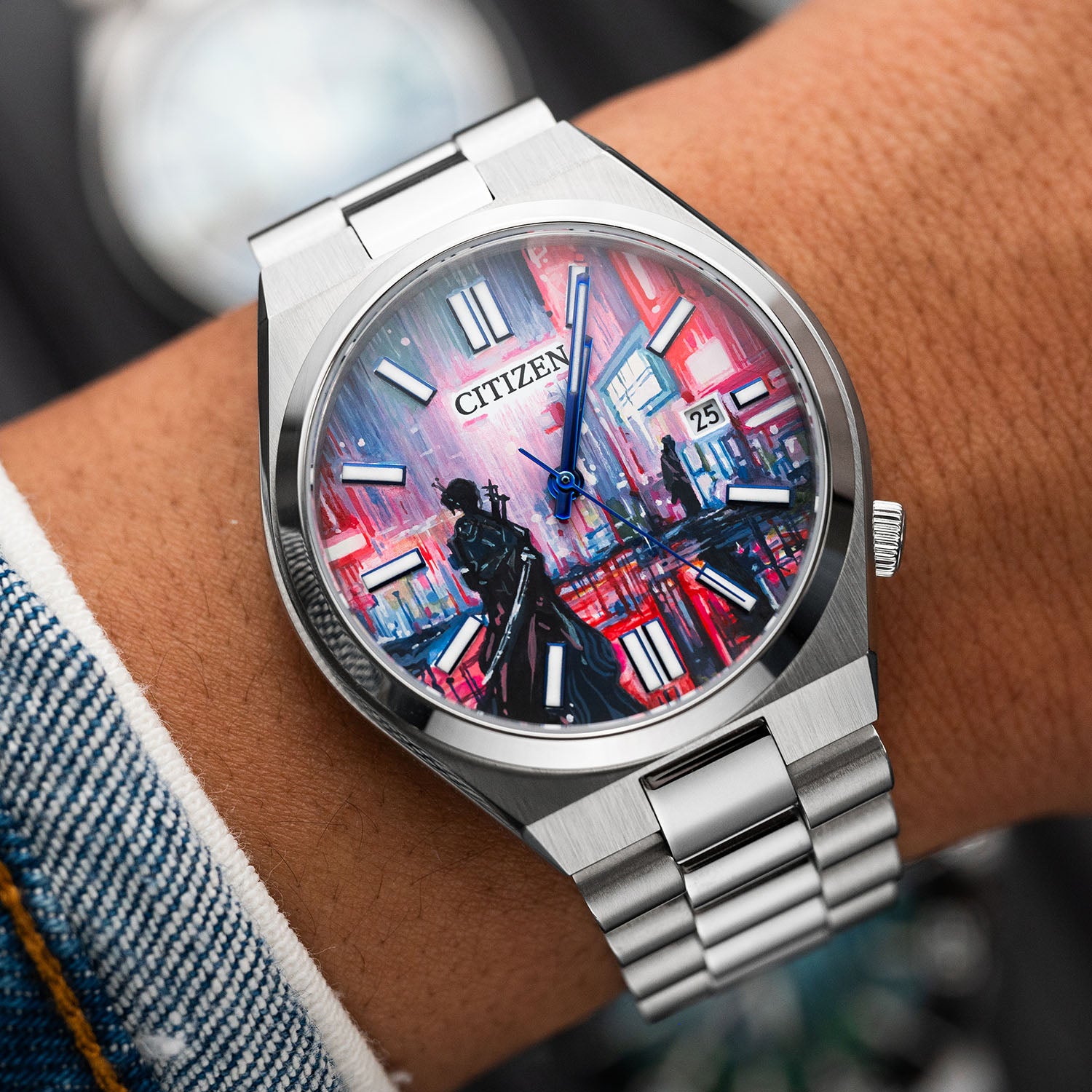 Tsuyosa Osaka Concept – A bold tribute to Osaka’s vibrant energy. This hand-painted Citizen Tsuyosa showcases a samurai girl against neon-lit streets. Limited edition by IFL Watches.