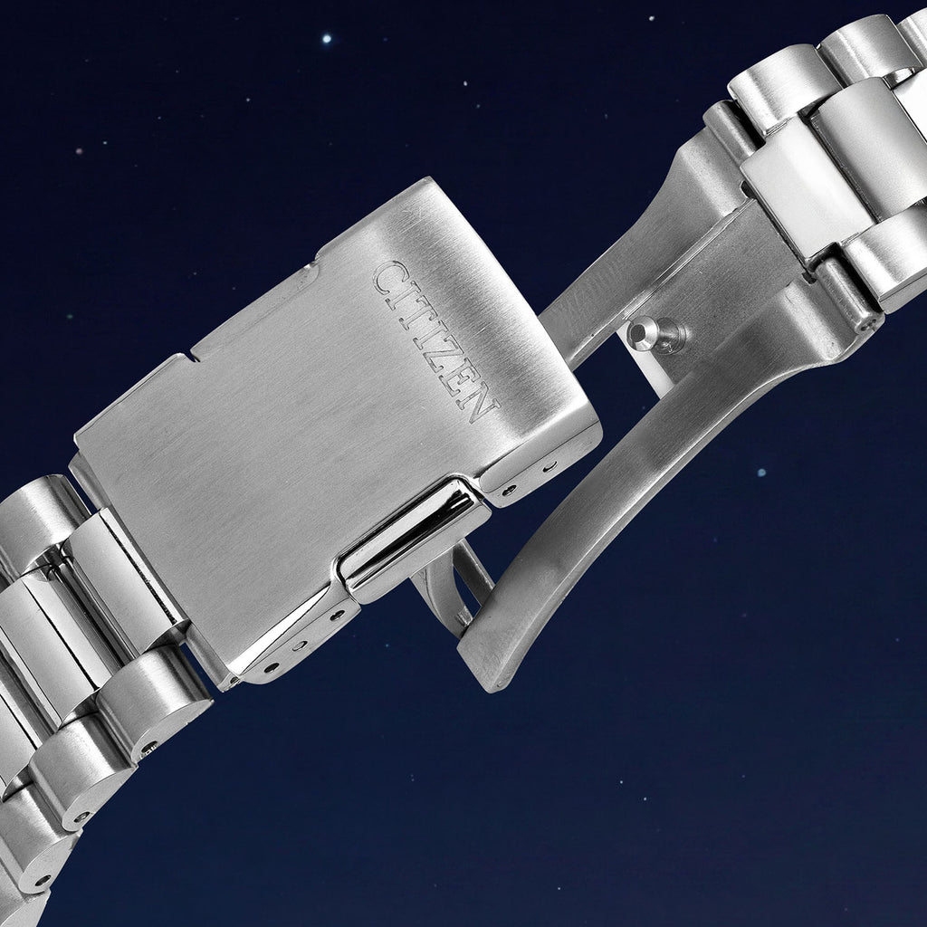 Citizen Tsuyosa Shore Midnight Sky — stainless steel bracelet with a fold-over clasp and hidden push buttons, a limited edition timepiece by IFL Watches.