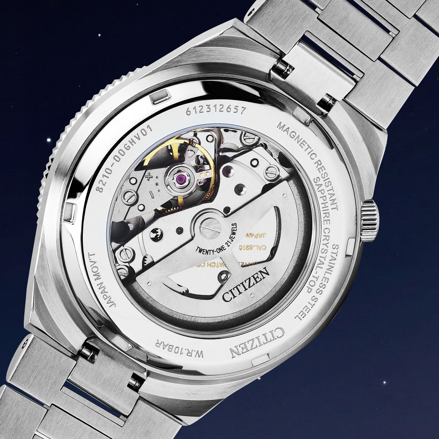 Citizen Tsuyosa Shore Midnight Sky — exhibition caseback revealing the Citizen Caliber 8210 automatic movement on a 40mm stainless steel case, a limited edition timepiece by IFL Watches.