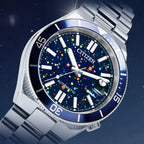 Citizen Tsuyosa Shore Midnight Sky — detail view of the hand-painted pointillism dial with luminous hands and a magnified date window at 3 o'clock on a 40mm stainless steel case, a limited edition timepiece by IFL Watches.