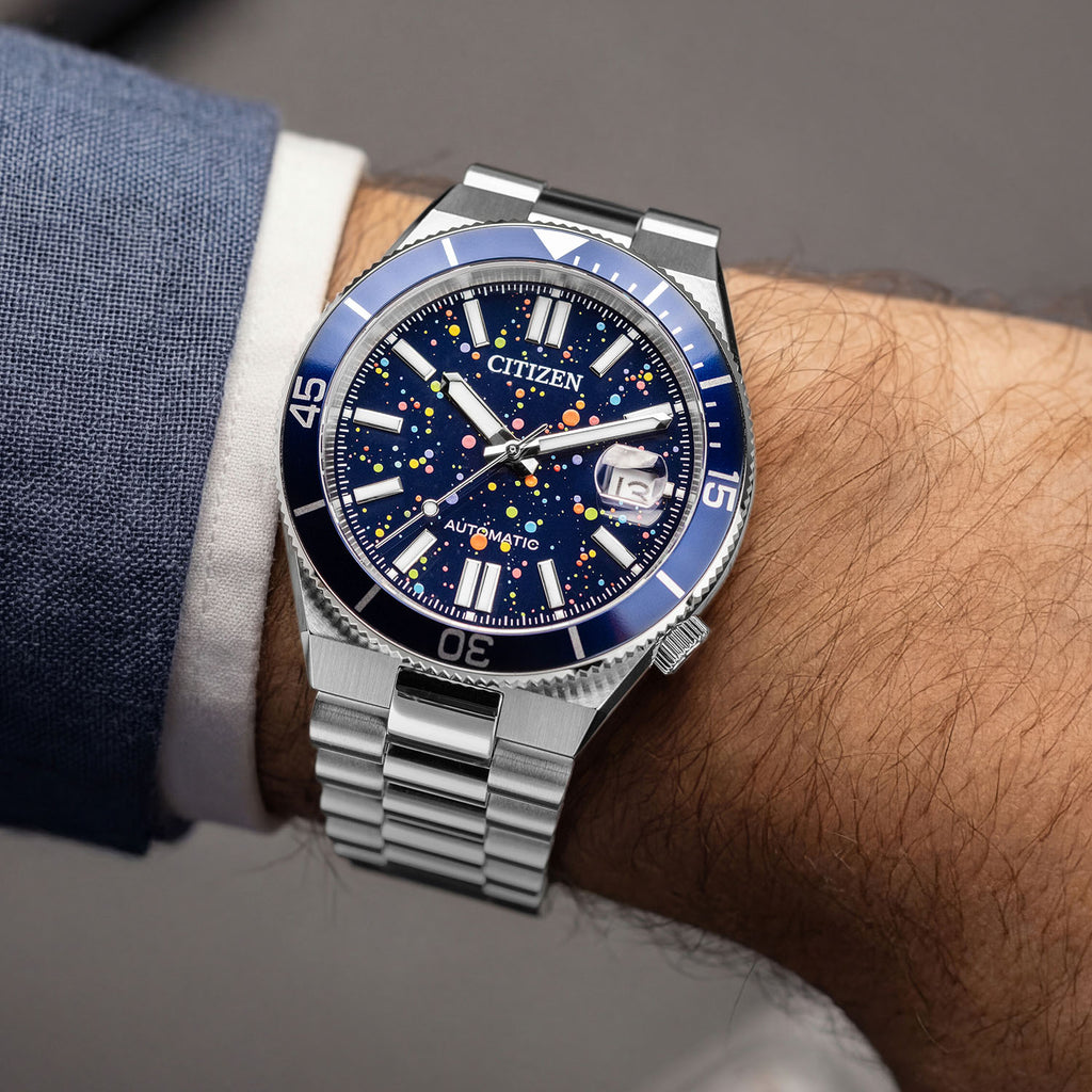 Citizen Tsuyosa Shore Midnight Sky on wrist — pointillism starfield dial paired with the stainless steel bracelet, 40mm automatic with Citizen Caliber 8210, limited edition timepiece by IFL Watches.