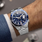 Citizen Tsuyosa Shore Midnight Sky on wrist — top-down view of the hand-painted starfield dial on a 40mm stainless steel case, limited edition timepiece by IFL Watches.