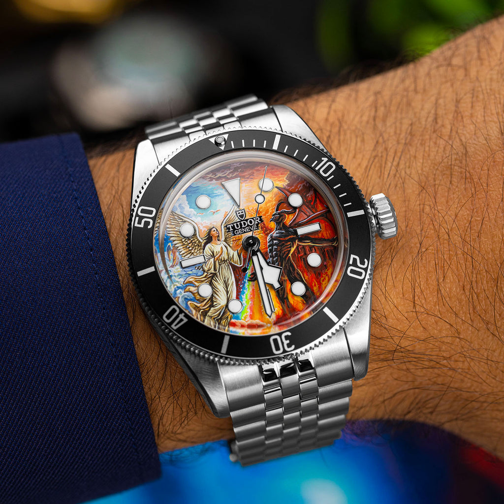 Divine Conflict Concept — Hand-painted custom Tudor Black Bay featuring angel and demon artwork, a bespoke timepiece by IFL Watches