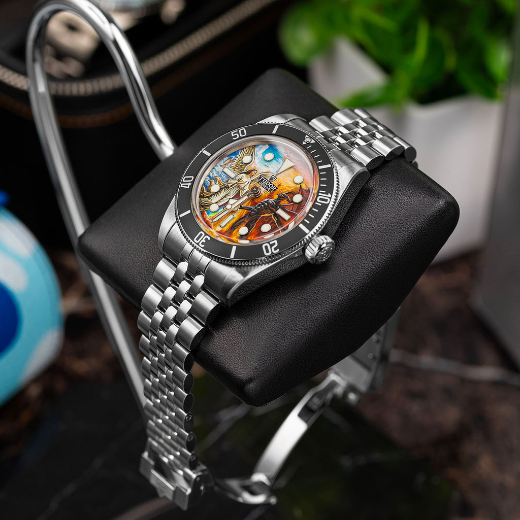 Divine Conflict Concept — Hand-painted custom Tudor Black Bay featuring angel and demon artwork, a bespoke timepiece by IFL Watches