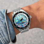 DOXA Aquamarine Reef Turtle – Hand-painted custom DOXA SUB 200 featuring sea turtle and diver artwork, a limited edition diver timepiece by IFL Watches