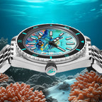 DOXA Aquamarine Reef Turtle – Hand-painted custom DOXA SUB 200 featuring sea turtle and diver artwork, a limited edition diver timepiece by IFL Watches