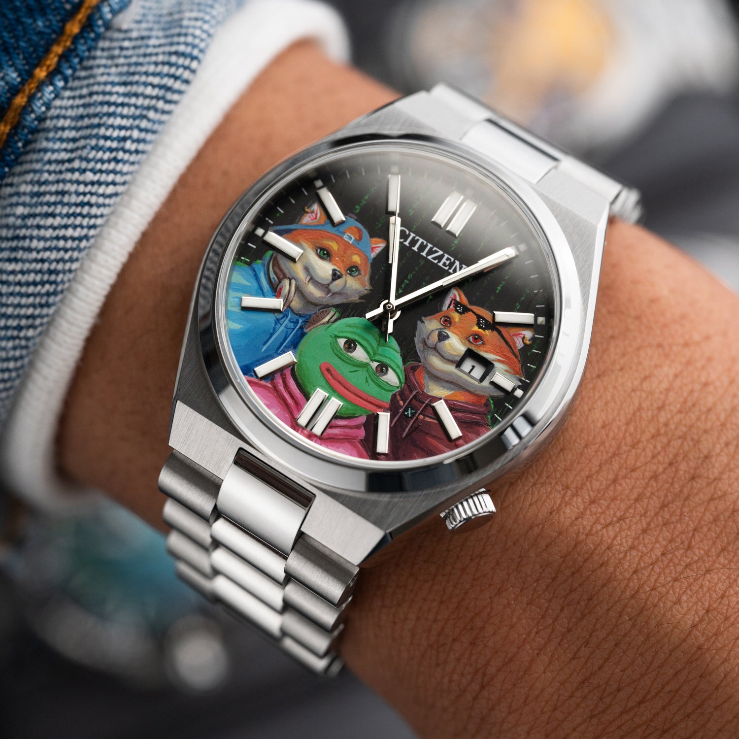 HODL Squad Citizen – Hand-painted custom Tsuyosa watch featuring Doge, Shiba Inu and PEPE meme coins artwork, bespoke timepiece by IFL Watches