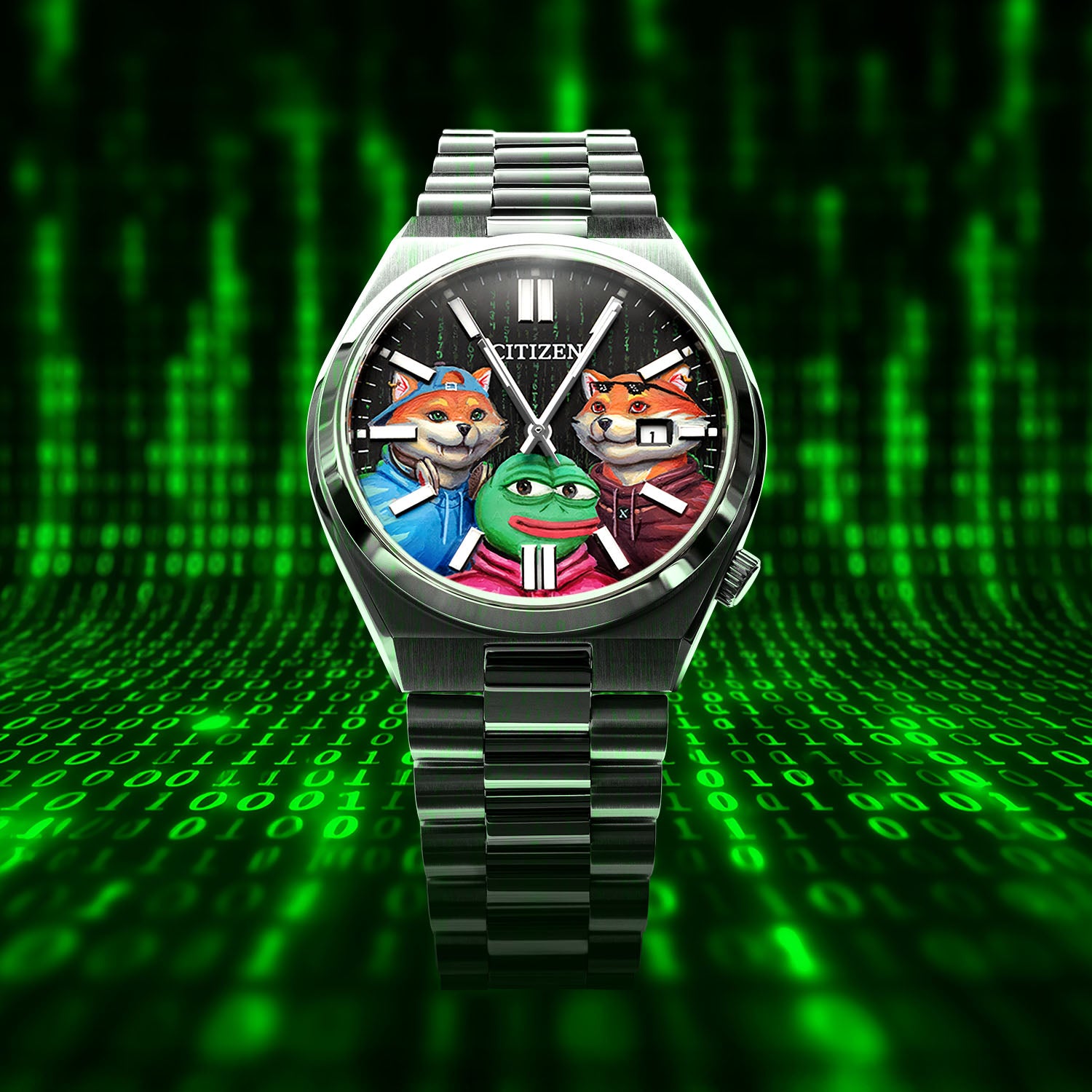 HODL Squad Citizen – Hand-painted custom Tsuyosa watch featuring Doge, Shiba Inu and PEPE meme coins artwork, bespoke timepiece by IFL Watches