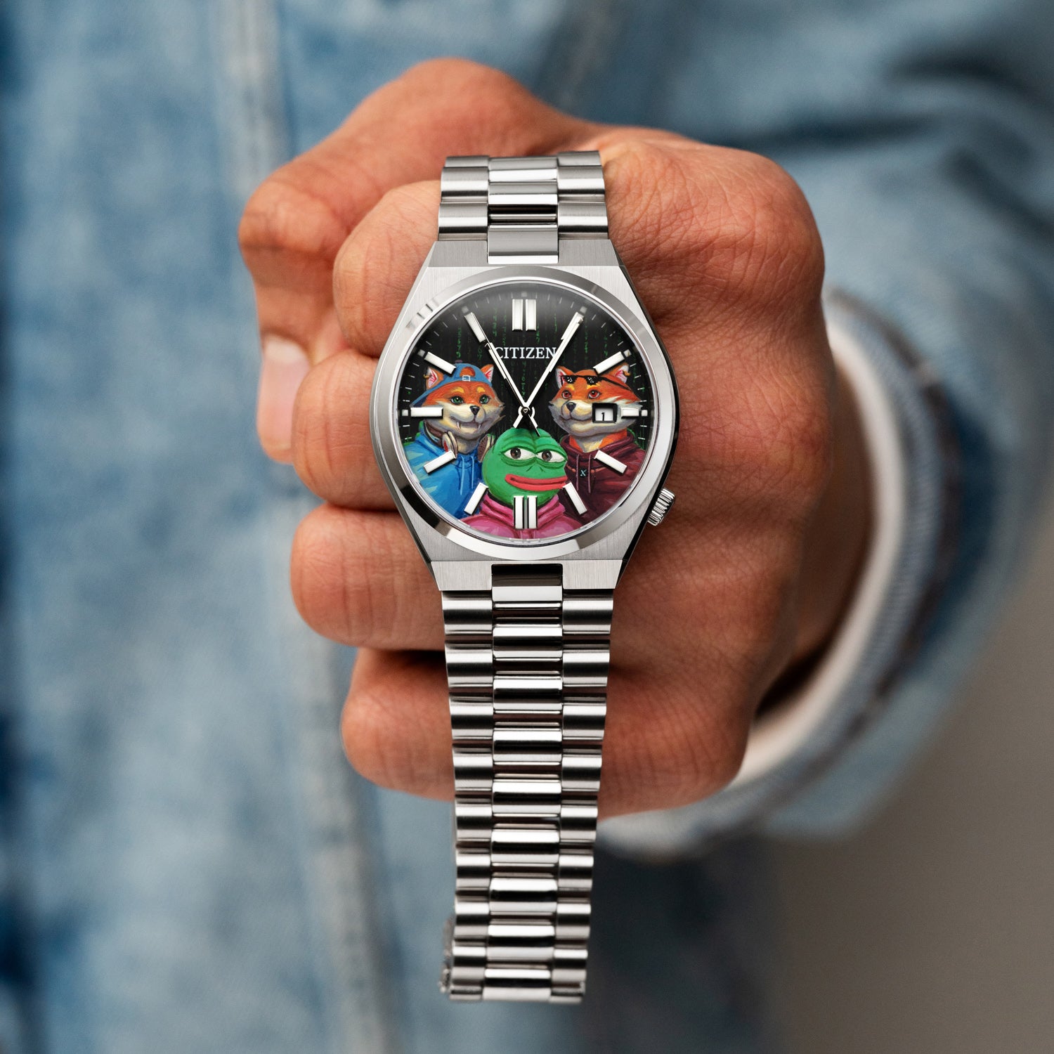 HODL Squad Citizen – Hand-painted custom Tsuyosa watch featuring Doge, Shiba Inu and PEPE meme coins artwork, bespoke timepiece by IFL Watches