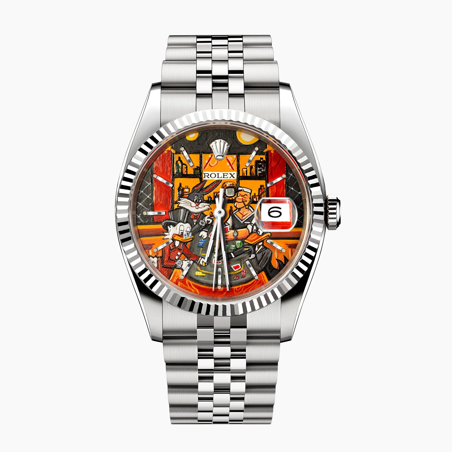 Late Night at the Bellagio Concept – Hand-painted custom Rolex Datejust 16234 featuring vibrant casino gaming artwork, a bespoke timepiece by IFL Watches