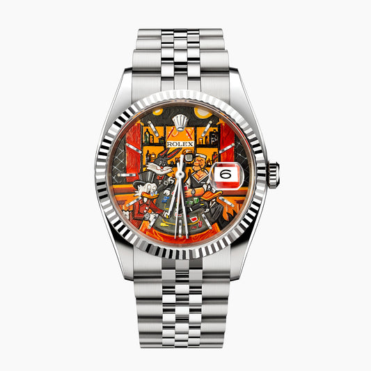 Late Night at the Bellagio Concept – Hand-painted custom Rolex Datejust 16234 featuring vibrant casino gaming artwork, a bespoke timepiece by IFL Watches