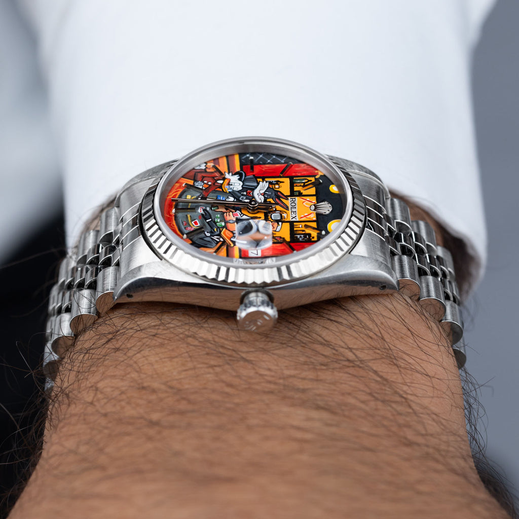 Late Night at the Bellagio Concept – Hand-painted custom Rolex Datejust 16234 featuring vibrant casino gaming artwork, a bespoke timepiece by IFL Watches